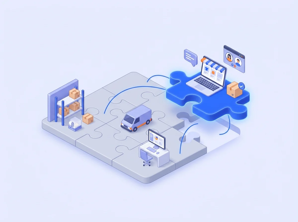 Team e-commerce da remoto che si incastra come un pezzo dell'azienda